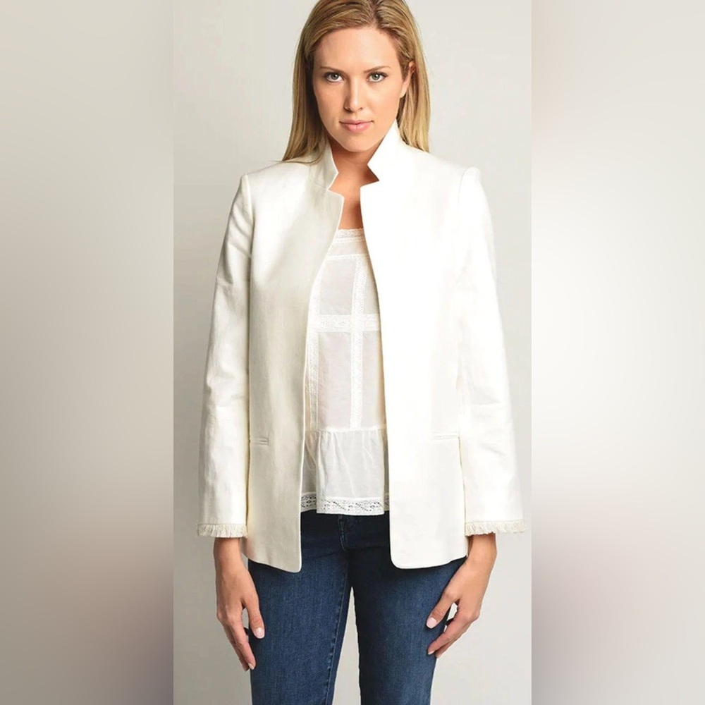 Zadig & Voltaire Volly Fringe Blazer Ivory Open Front Jacket Size S EU 36